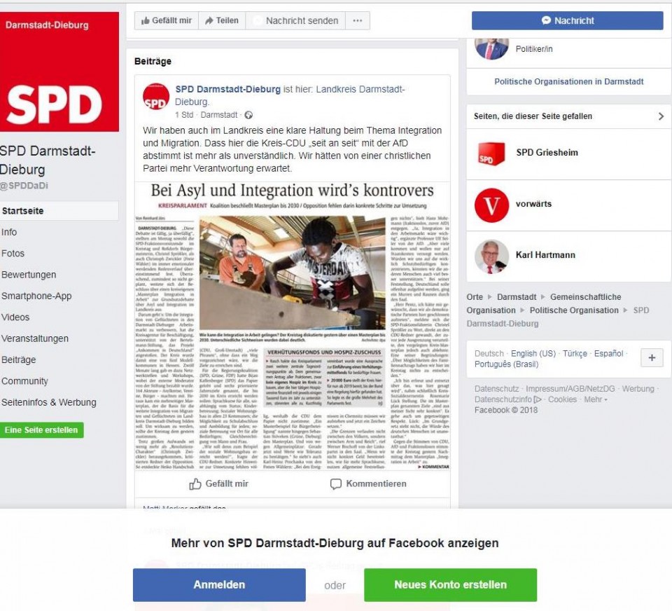 Screenshot der SPD Facebookseite vom 04.09.2018